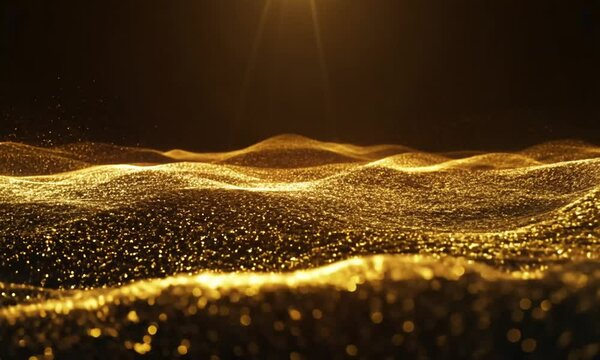 Tiny golden particles forming undulating waves, simulating ocean tides under a dramatic light source