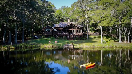 Fototapeta premium Lakeside log cabin home with canoes, reflecting in calm water.
