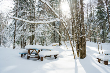 table and benches covered with snow in the winter park. Winter snow forest. rays of the sun through the branches of trees.