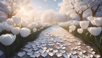 Fototapeta premium Serene White Tulip Path Heart Petals Dreamy Landscape