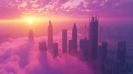 Fototapeta premium A vibrant sunset over a city skyline shrouded in clouds.