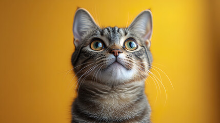 curious tabby cat with wide sparkling eyes gazes upward against bright background