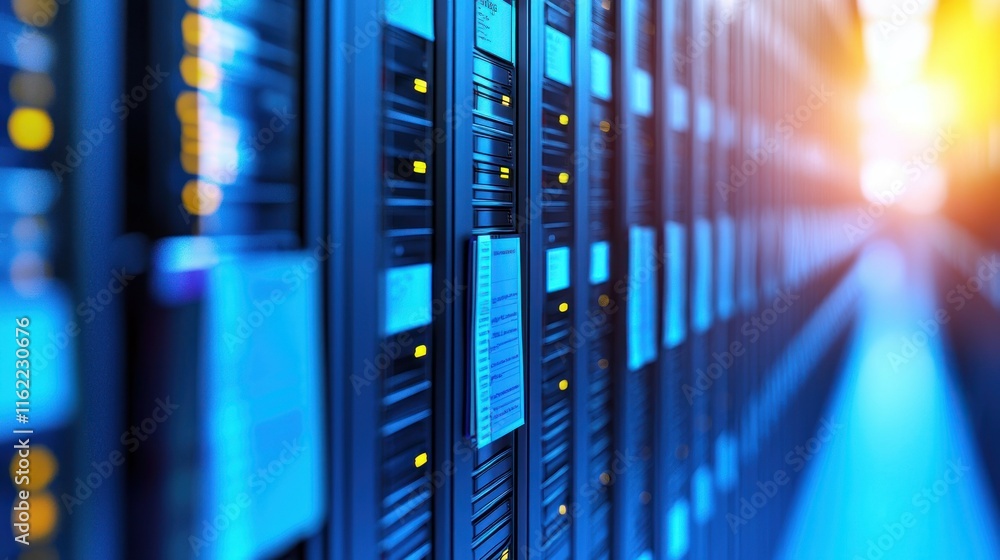 Poster data center with server racks illuminated in blue light.