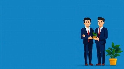 Fototapeta premium Two businessmen in suits discussing a plant in a colorful office setting. leadership concept