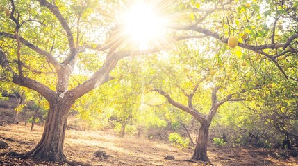 Fototapeta premium Sunlit Grove Of Lemon Trees Bearing Fruit