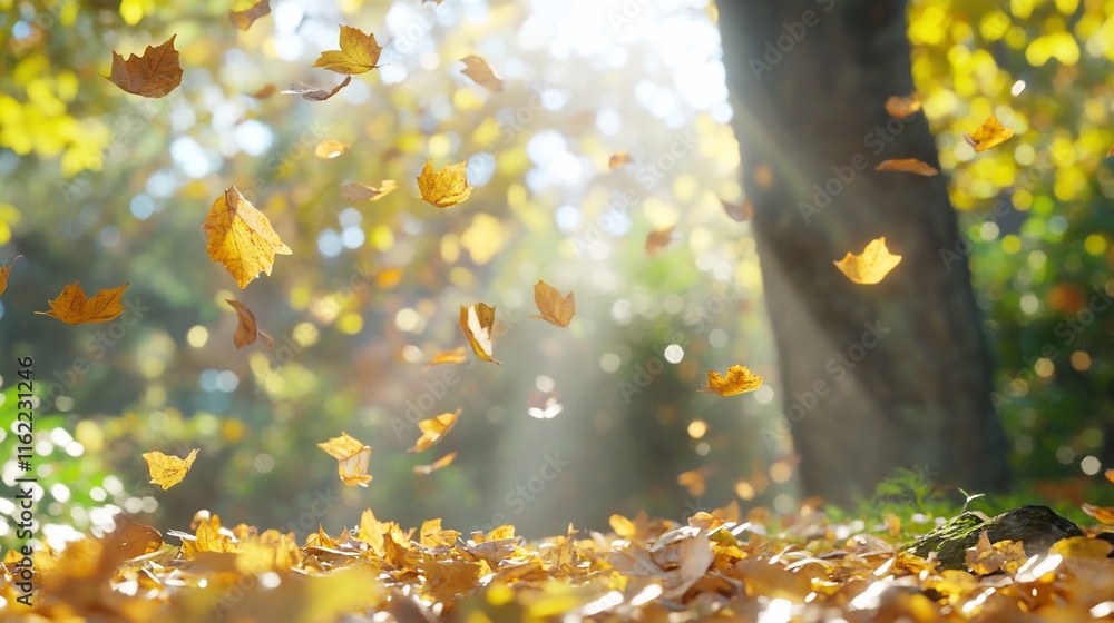Poster a serene autumn scene with falling leaves and sunlight filtering through trees.