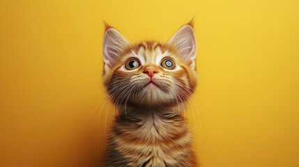 Fluffy orange kitten gazing upward with curiosity against yellow background