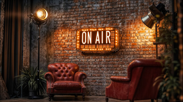 A room with a brick wall and two red leather armchairs. A neon sign reading &ldquo;On Air&rdquo; hangs on the wall. For live broadcasts.