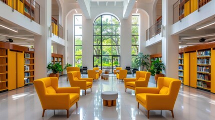 Modern Library Interior with Yellow Armchairs and Natural Light