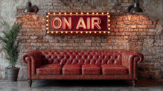 A vintage red leather sofa lit by spotlights with a brick wall backdrop. A neon sign reading &ldquo;On Air&rdquo;. For live broadcasts.