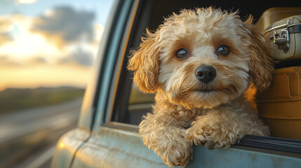 fluffy poodle looking out of car window, enjoying sunset view