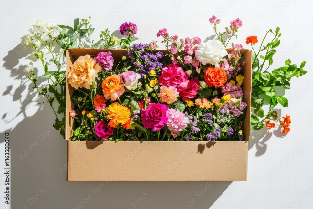 Poster Vibrant fresh flowers arranged in a cardboard delivery box with ample space for personalized messages. Generative AI