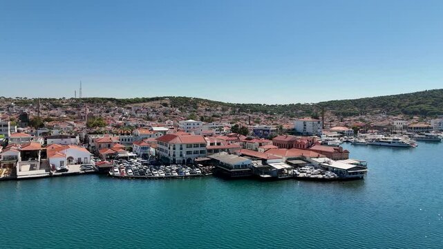 Aerial View of Ayvalık Coastal Businesses and Cityscape, Turkey