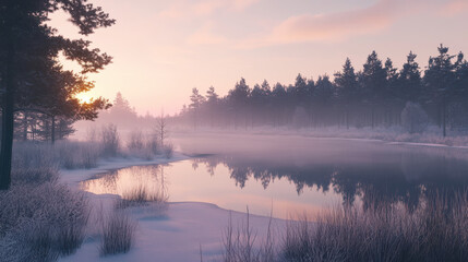 Fototapeta premium A serene winter landscape with a frozen lake, reflecting snow-covered pine trees under a pale pink sunrise, soft morning mist drifting across the lake