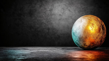 reflective metallic sphere rests on textured surface, showcasing blend of orange and blue hues against dark background. scene evokes sense of mystery and depth