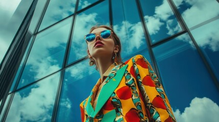 Street photo of a fashion model in a vibrant outfit. Created with Generative AI