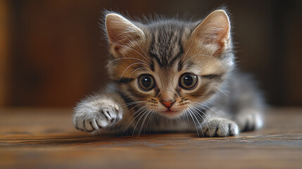 Playful gray kitten with small paws reaching out on wooden surface
