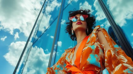 Street photo of a fashion model in a vibrant outfit. Created with Generative AI