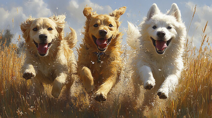 Energetic dogs running joyfully in sunny field, capturing pure happiness