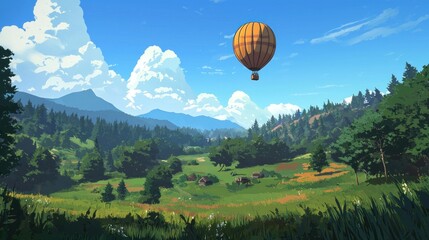 Obraz premium Scenic landscape with a hot air balloon over a valley.