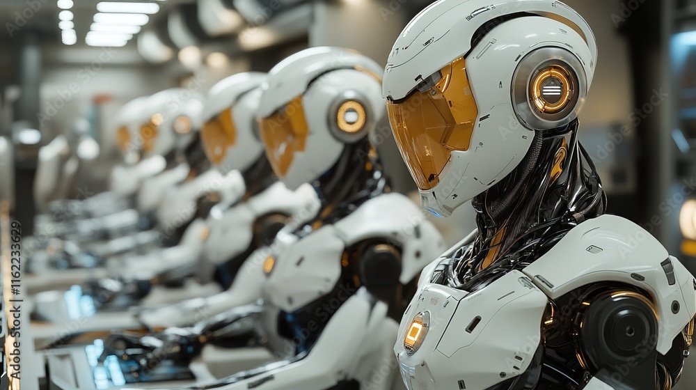 Poster a team of advanced robots working in a factory with high-tech equipment, sleek futuristic design