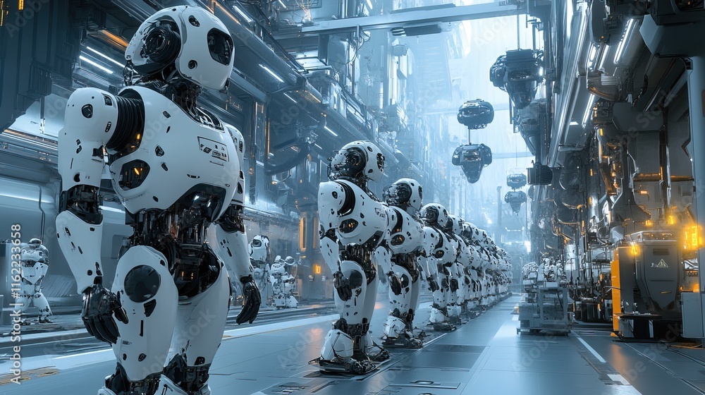 Poster a team of advanced robots working in a factory with high-tech equipment, sleek futuristic design