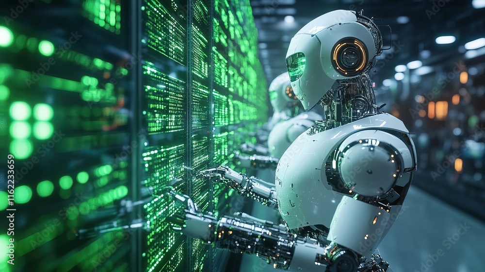 Poster a team of advanced robots working in a factory with high-tech equipment, sleek futuristic design