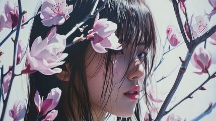 Fototapeta premium Portrait of a woman among blooming flowers.