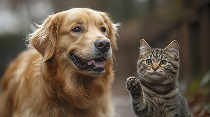 Fototapeta premium happy Golden Retriever and playful tabby cat together outdoors