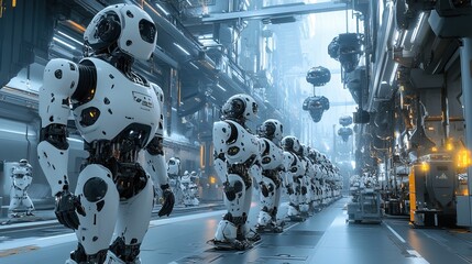 Fototapeta premium A team of advanced robots working in a factory with high-tech equipment, sleek futuristic design