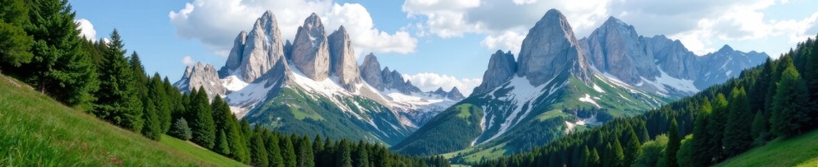 Towering mountain peaks and lush forests in Dolomites landscape, Italy, nature