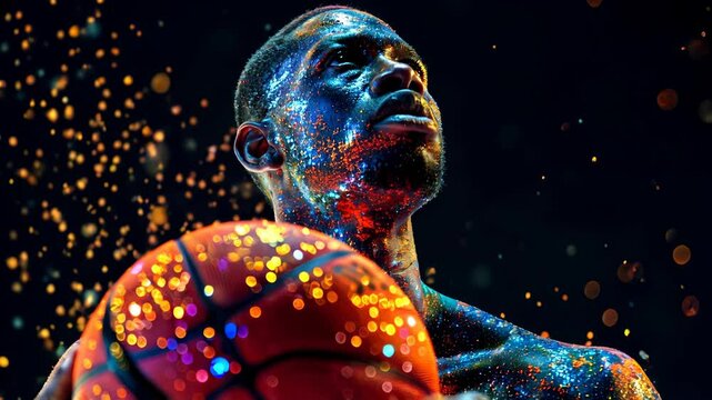 Confident Basketball Player with Glitter Paint: A Dynamic Portrait Against a Dark Bokeh Background