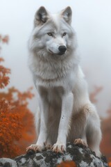 Obraz premium Majestic white wolf sits on rock, autumn foliage background, foggy atmosphere.