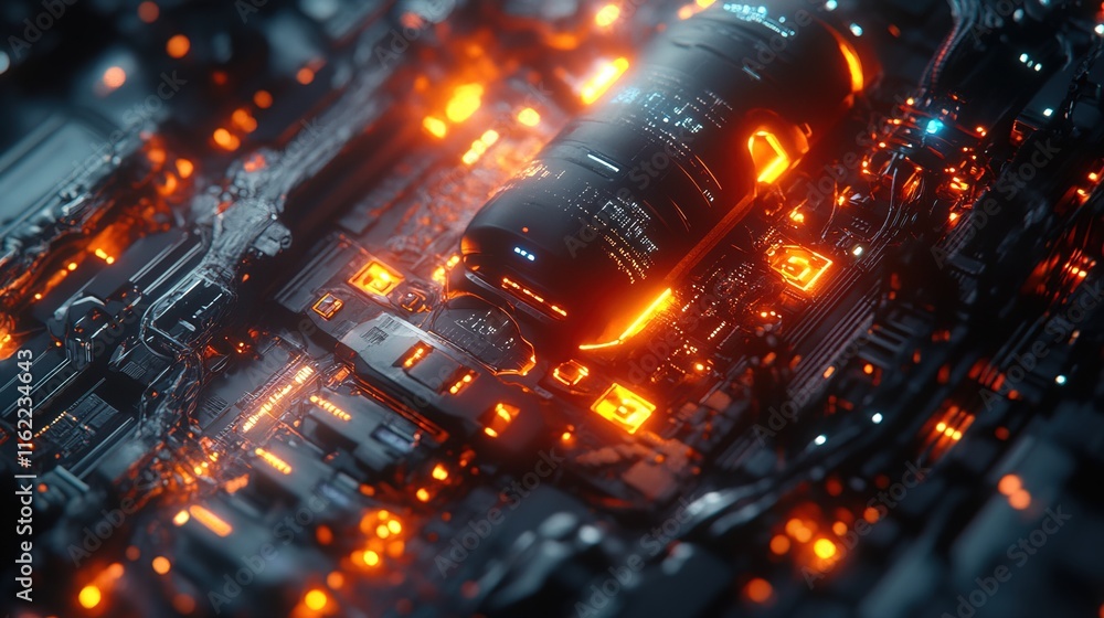 Aufkleber core of an artificial intelligence system, glowing wires and data streams, dark sci-fi design