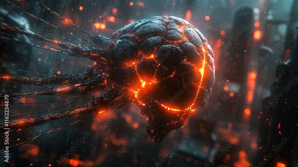 Aufkleber core of an artificial intelligence system, glowing wires and data streams, dark sci-fi design
