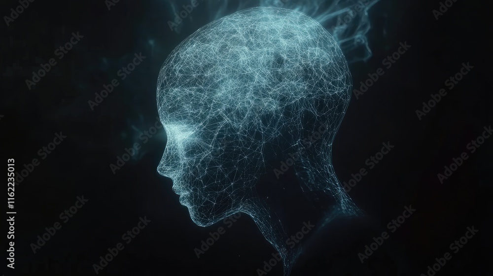 Poster a digital mesh structure forming a brain, glowing softly on a plain black background with room for t