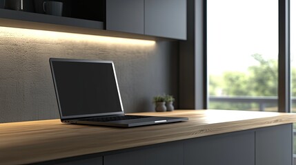 A laptop with a blank screen resting on a minimalist kitchen counter, clean lines dominating the frame