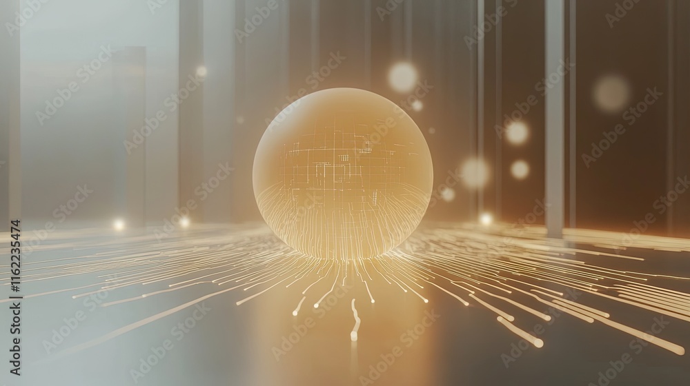 Poster abstract glowing sphere surrounded by ai algorithms, set on a neutral background