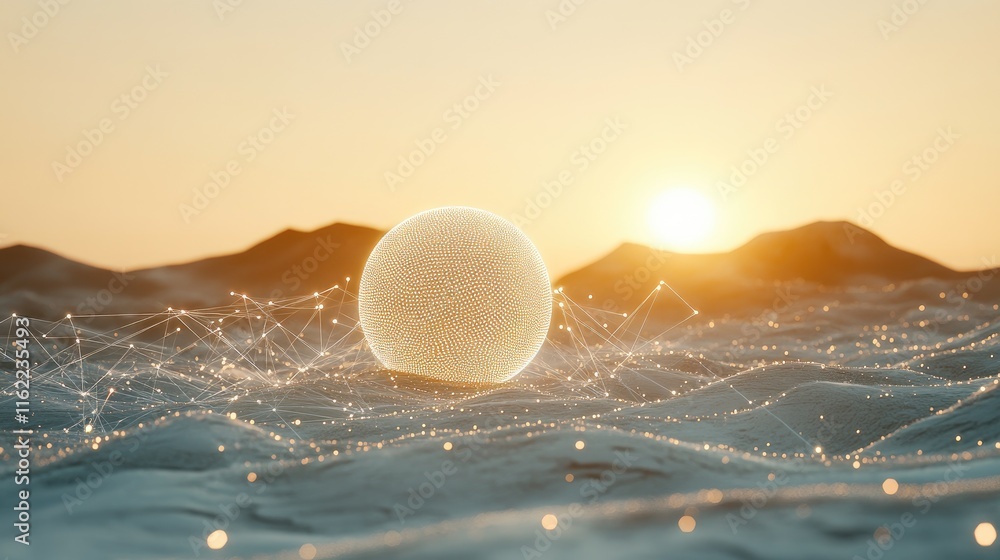Poster abstract glowing sphere surrounded by ai algorithms, set on a neutral background