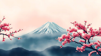 A picturesque illustration of Mount Fuji, partially shrouded in mist, with vibrant pink cherry blossoms in full bloom against a soft pastel sky