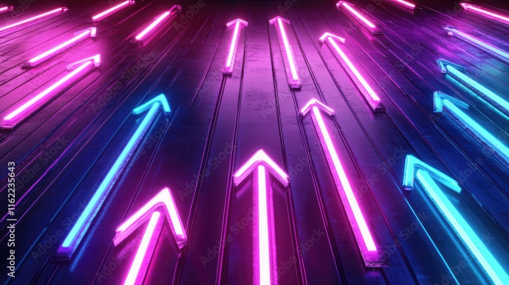 Poster abstract visualization of growth and development glowing arrows pointing upward in a futuristic desi