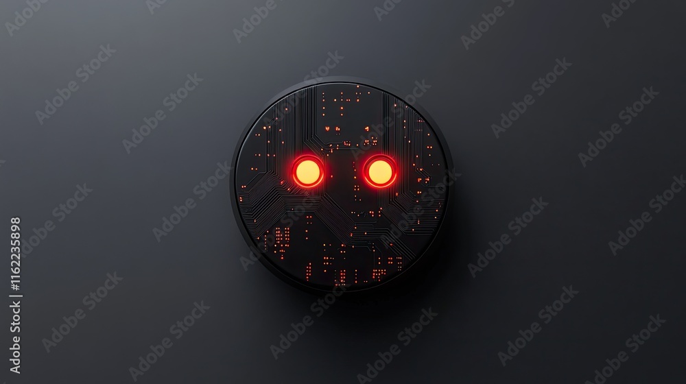 Poster chatbot head icon with glowing circuits, centered on a clean surface with room for overlays