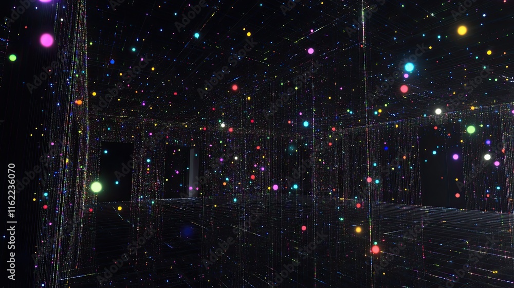 Poster digital conversation represented with floating glowing lines and holographic dots on a black surface