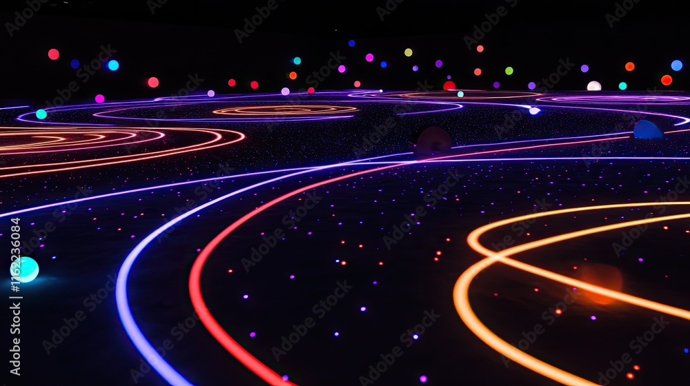 Poster digital conversation represented with floating glowing lines and holographic dots on a black surface