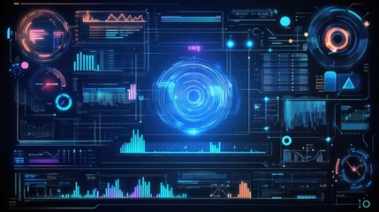 Fototapeta premium Digital interface with floating holographic data and futuristic AI graphics, clean background for text