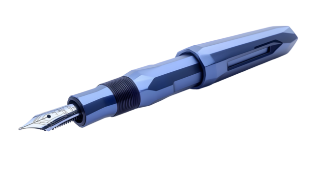 The bold,metallic-blue fountain pen with a futuristic,sharp-edged nib set against a clean,clinical white backdrop long_title:The bold,metallic-blue