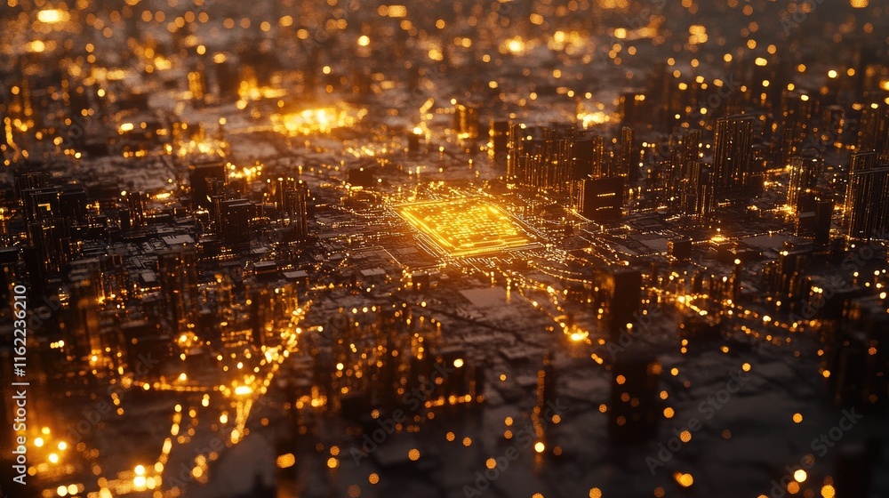 Poster futuristic processor concept with glowing circuits spreading outward, placed on a clean surface