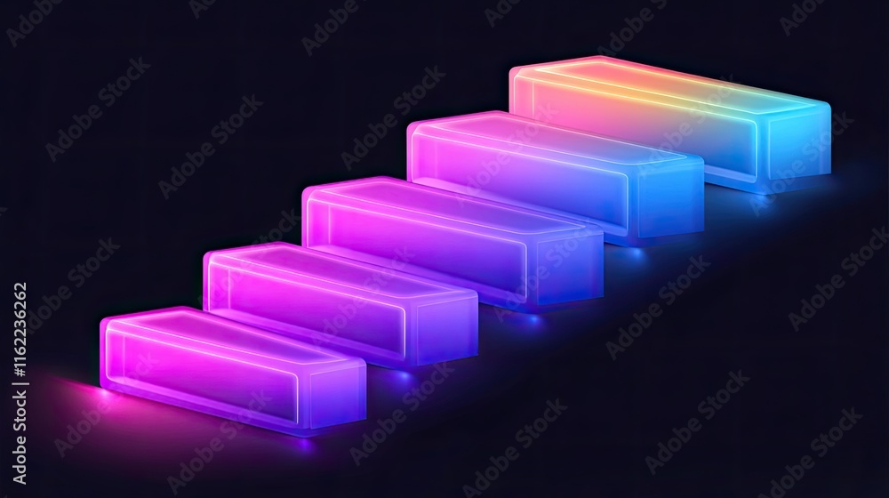 Poster futuristic progress visualization glowing bars rising in sequence, representing growth and developme