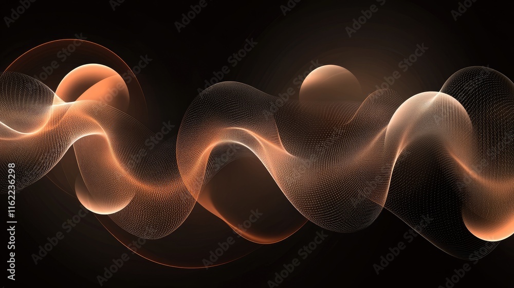 Poster glowing orbs forming dynamic waveforms, symbolizing abstract technological innovation on a dark back