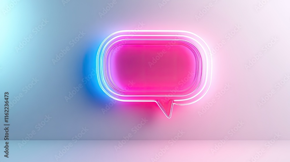 Poster holographic chatbot speech bubble glowing softly on a plain white background with ample negative spa